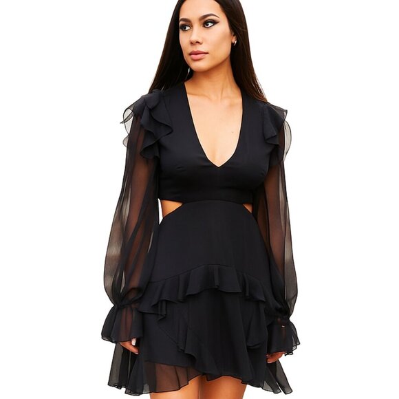 Angelance Luxury Pure Silk Chiffon Cut Out Black Dress Adjustable Back M - Picture 3 of 6